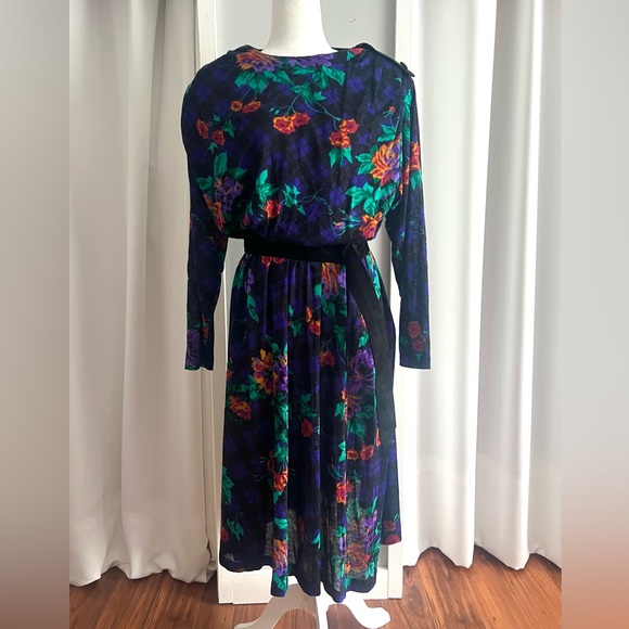 Vintage Alison J Purple Green Floral Diamond Print Belted Maxi Dress Womens XL - Picture 2 of 6